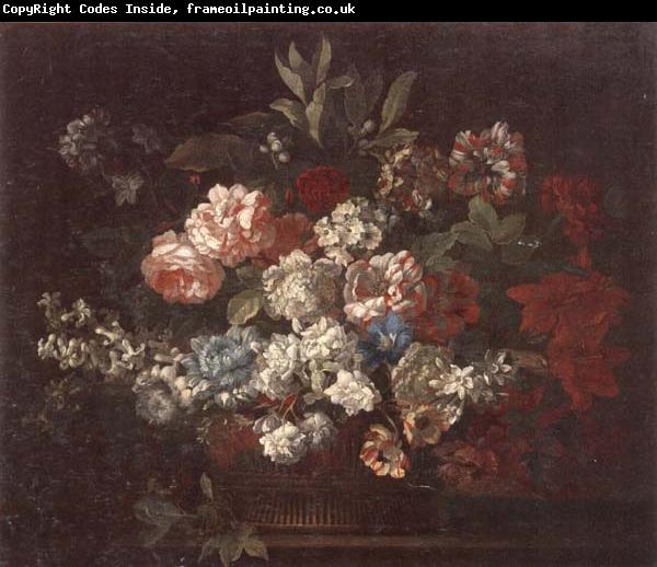 unknow artist Still life of various flowers,in a wicker basket,upon a stone ledge